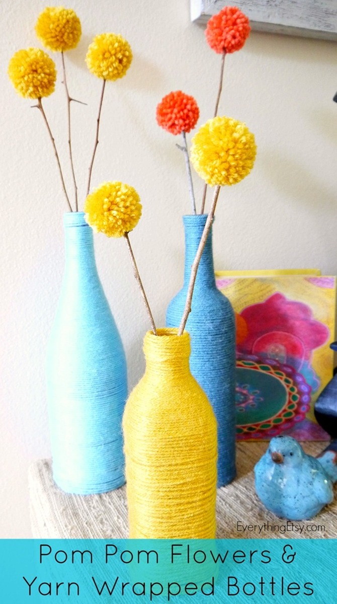 DIY Yarn Decor - Yarn Wrapped Bottles and Pom Pom Flowers